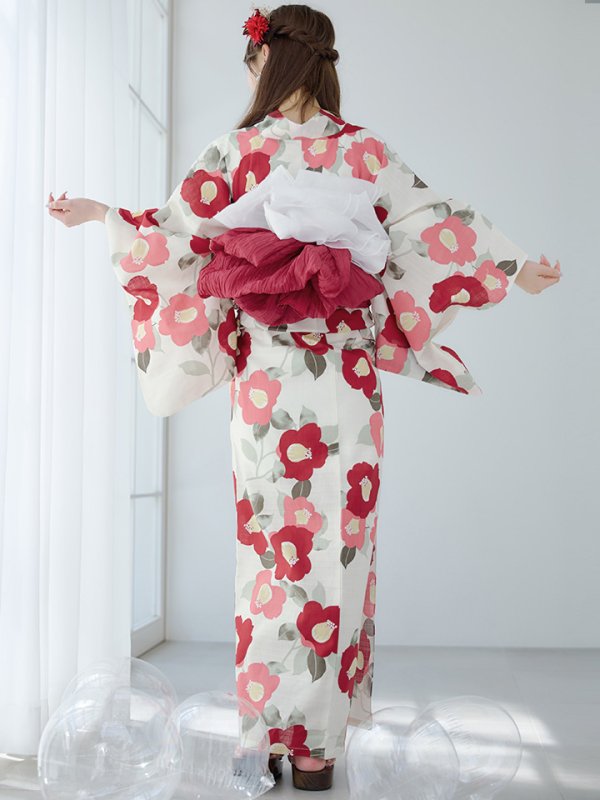 画像16: 【即日発送】古典レトロ椿浴衣【浴衣３点セット 浴衣/帯/下駄】[YMT] (16)