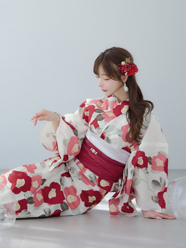 画像2: 【即日発送】古典レトロ椿浴衣【浴衣３点セット 浴衣/帯/下駄】[YMT] (2)