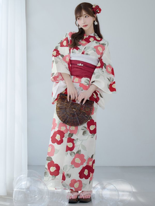画像4: 【即日発送】古典レトロ椿浴衣【浴衣３点セット 浴衣/帯/下駄】[YMT] (4)