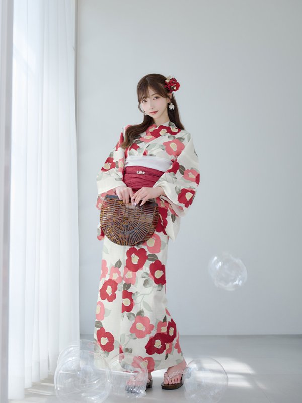 画像5: 【即日発送】古典レトロ椿浴衣【浴衣３点セット 浴衣/帯/下駄】[YMT] (5)