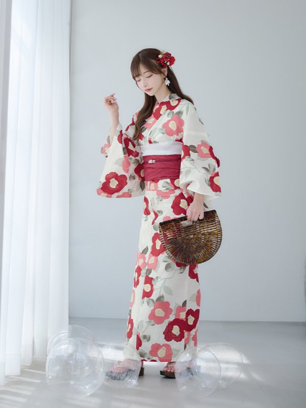 画像6: 【即日発送】古典レトロ椿浴衣【浴衣３点セット 浴衣/帯/下駄】[YMT] (6)