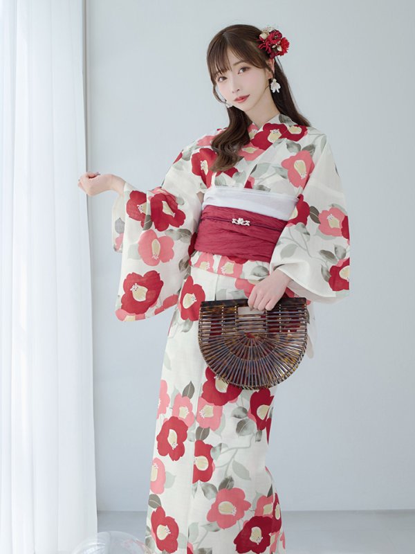 画像8: 【即日発送】古典レトロ椿浴衣【浴衣３点セット 浴衣/帯/下駄】[YMT] (8)