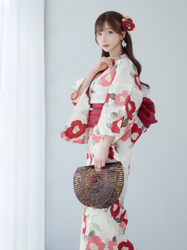 画像9: 【即日発送】古典レトロ椿浴衣【浴衣３点セット 浴衣/帯/下駄】[YMT] (9)