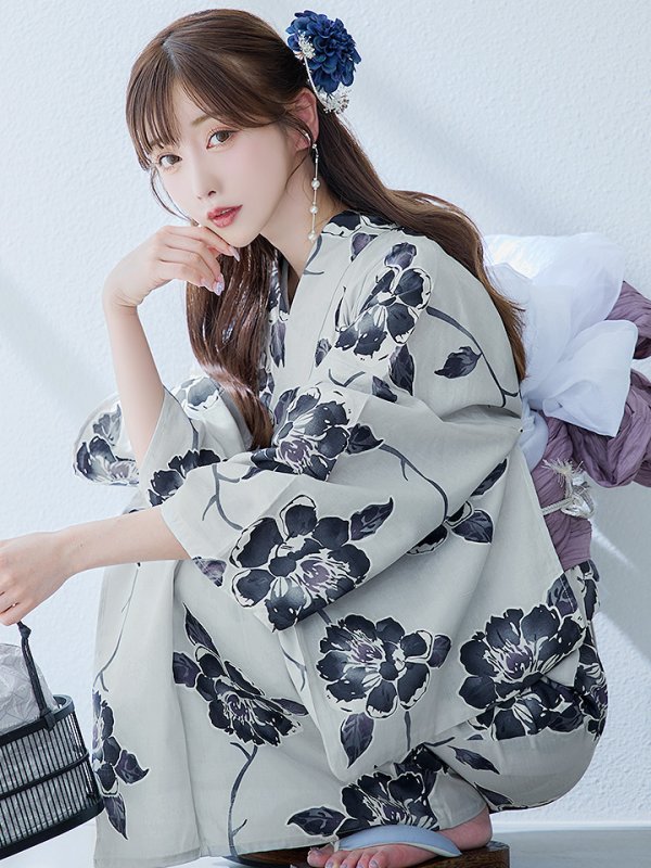 画像1: 【予約 / 5月中旬発送予定】古典ロマン牡丹浴衣 OBI-siwa-201-wk-1-LV / HIMO-900-yn-5-IV / HEKO-800-sb-5-WH / YA-948-kj-NV / GETA-01-kj-2-BL/ [YMT] (1)