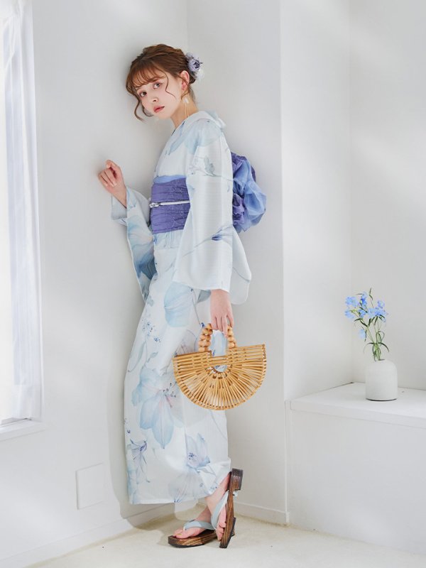 画像46: 【即日発送】【浴衣セール！】水彩百合ナチュラルブルー浴衣【浴衣３点セット 浴衣/帯/下駄】[YMT] (46)