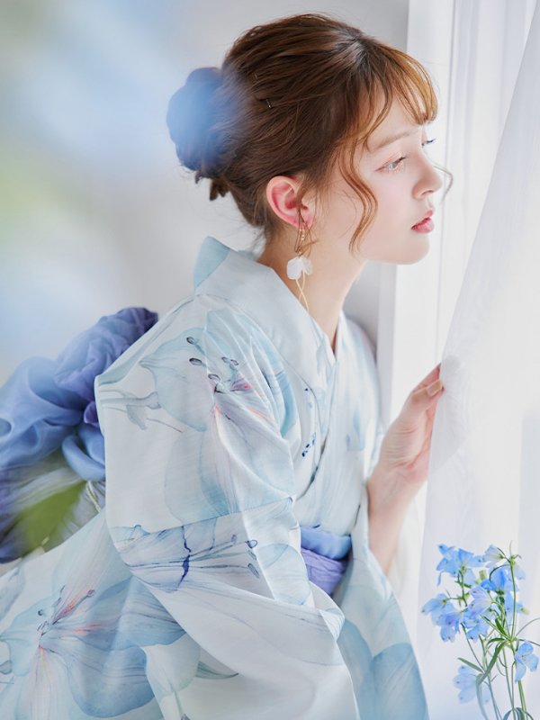 画像38: 【即日発送】【浴衣セール！】水彩百合ナチュラルブルー浴衣【浴衣３点セット 浴衣/帯/下駄】[YMT] (38)