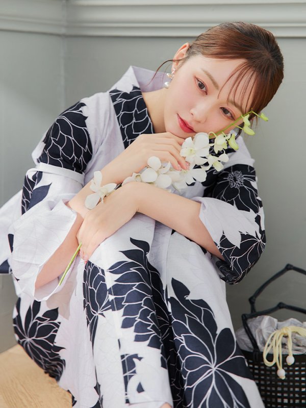 画像14: 【即日発送】モノトーンダリア柄浴衣【浴衣３点セット 浴衣/帯/下駄】[YMT] (14)