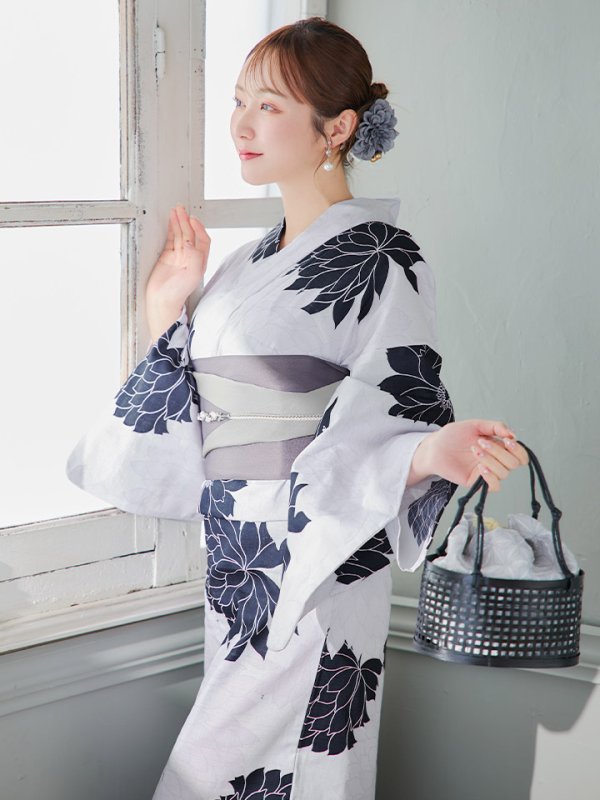 画像5: 【即日発送】モノトーンダリア柄浴衣【浴衣３点セット 浴衣/帯/下駄】[YMT] (5)