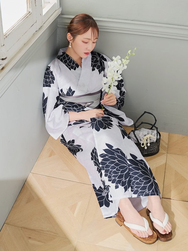画像6: 【即日発送】モノトーンダリア柄浴衣【浴衣３点セット 浴衣/帯/下駄】[YMT] (6)