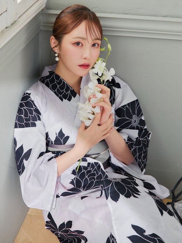 画像7: 【即日発送】モノトーンダリア柄浴衣【浴衣３点セット 浴衣/帯/下駄】[YMT] (7)