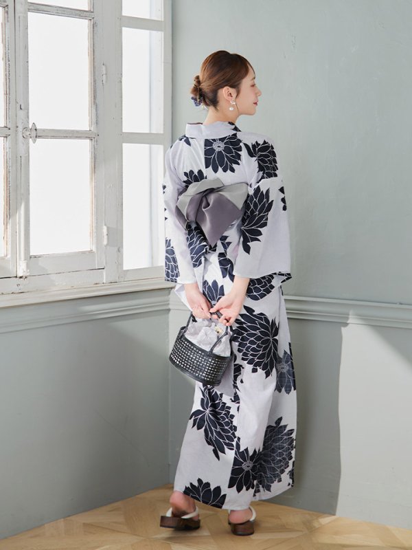 画像9: 【即日発送】モノトーンダリア柄浴衣【浴衣３点セット 浴衣/帯/下駄】[YMT] (9)