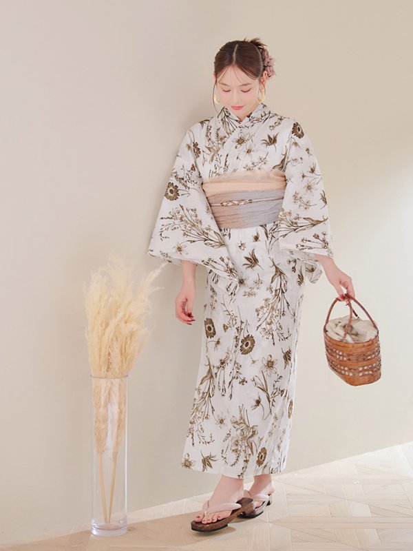 画像15: 【即日発送】アンティーク調ボタニカル浴衣【浴衣３点セット 浴衣/帯/下駄】[YMT] (15)