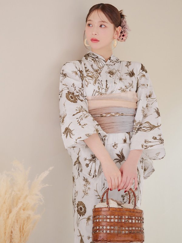 画像2: 【即日発送】アンティーク調ボタニカル浴衣【浴衣３点セット 浴衣/帯/下駄】[YMT] (2)