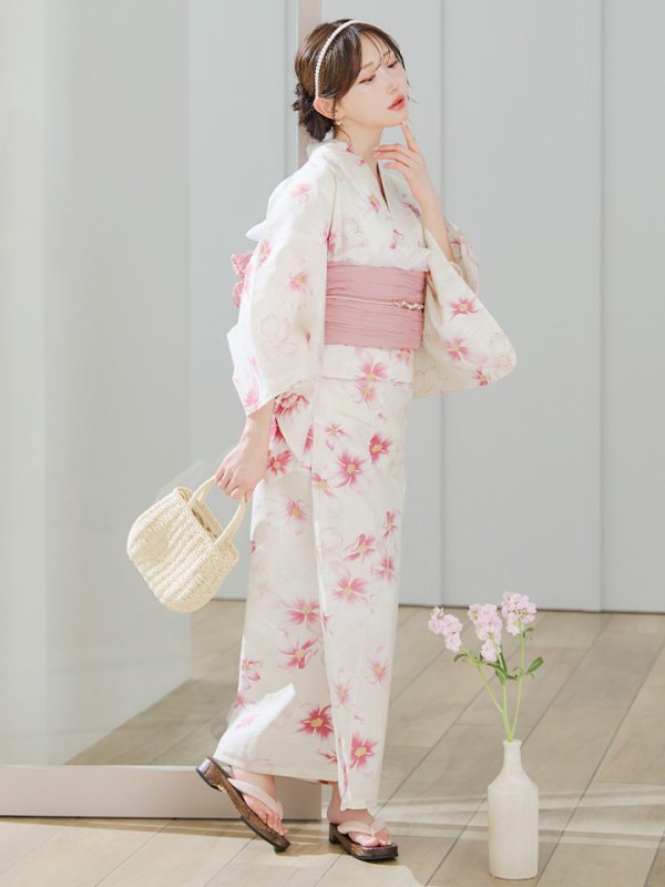 画像2: 【即日発送】淡色桜花柄浴衣【浴衣３点セット 浴衣/帯/下駄】[YMT] (2)