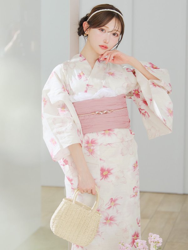 画像3: 【即日発送】淡色桜花柄浴衣【浴衣３点セット 浴衣/帯/下駄】[YMT] (3)