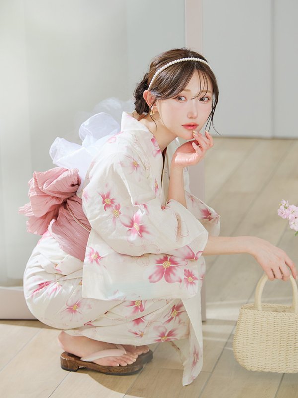 画像8: 【即日発送】淡色桜花柄浴衣【浴衣３点セット 浴衣/帯/下駄】[YMT] (8)