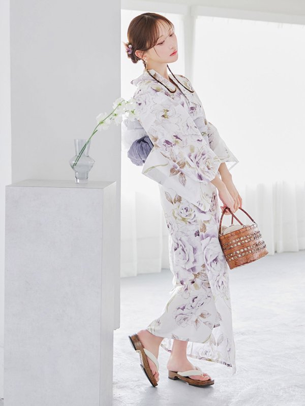 画像12: 【即日発送】藤霞のアンティークローズ浴衣【浴衣３点セット 浴衣/帯/下駄】[YMT] (12)