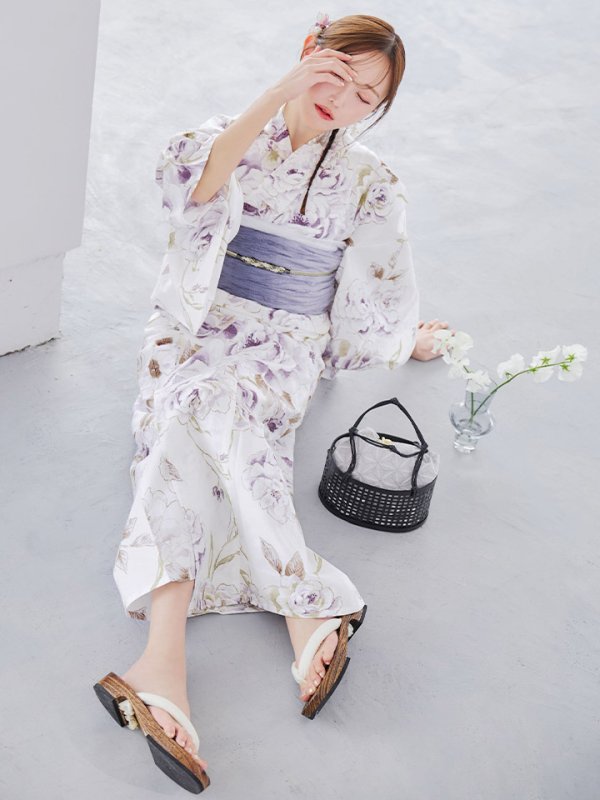 画像2: 【即日発送】藤霞のアンティークローズ浴衣【浴衣３点セット 浴衣/帯/下駄】[YMT] (2)