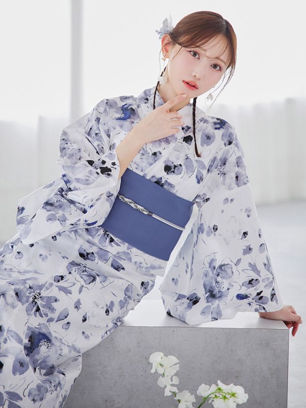 画像11: 水墨ニュアンスフラワー浴衣【浴衣３点セット 浴衣/帯/下駄】OBI-hira-100-ok-4-DusBL / HIMO-900-yn-4-GYxGY / / YA-1001-kj-BL / GETA-01-kj-2-BL/ [YMT] (11)