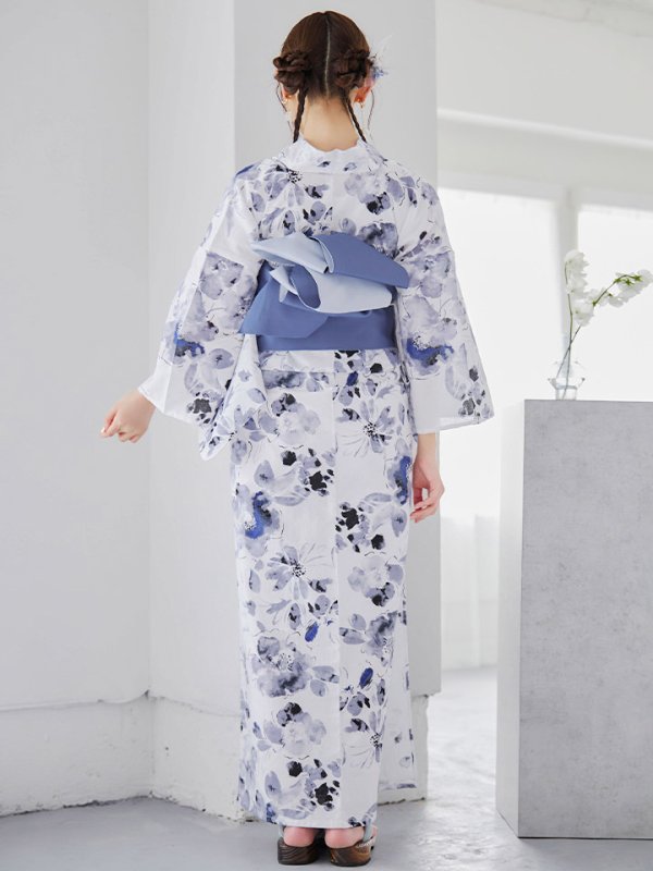 画像15: 水墨ニュアンスフラワー浴衣【浴衣３点セット 浴衣/帯/下駄】OBI-hira-100-ok-4-DusBL / HIMO-900-yn-4-GYxGY / / YA-1001-kj-BL / GETA-01-kj-2-BL/ [YMT] (15)