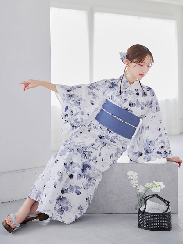画像8: 水墨ニュアンスフラワー浴衣【浴衣３点セット 浴衣/帯/下駄】OBI-hira-100-ok-4-DusBL / HIMO-900-yn-4-GYxGY / / YA-1001-kj-BL / GETA-01-kj-2-BL/ [YMT] (8)