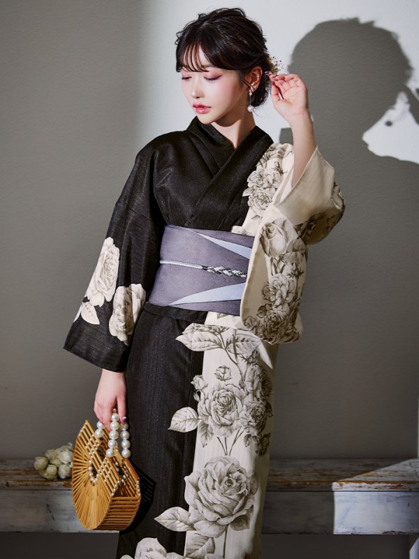 画像3: 【残りわずか！】【即日発送】【Riuコラボ】ツートンカラーローズ浴衣【浴衣３点セット 浴衣/帯/下駄】[YMT] (3)
