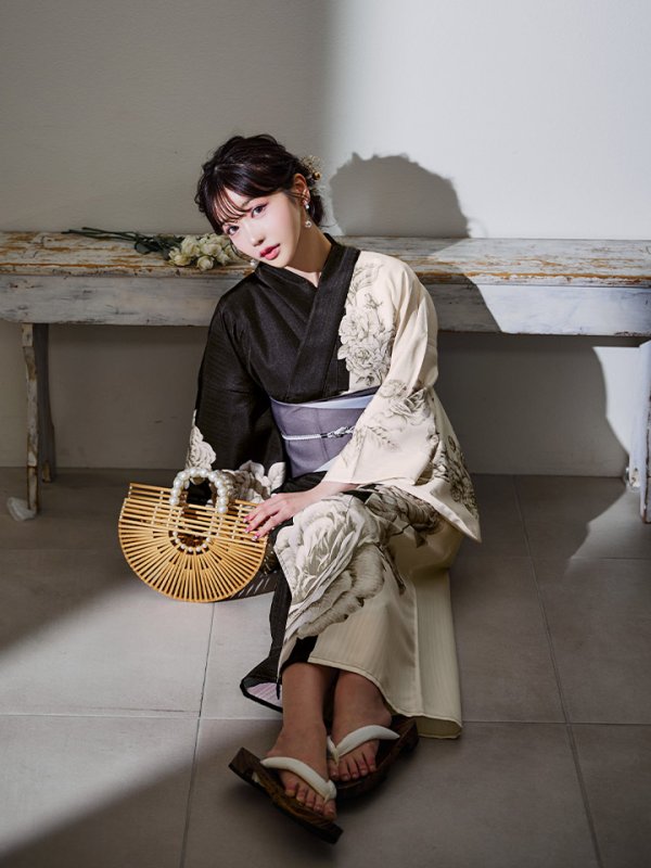 画像9: 【残りわずか！】【即日発送】【Riuコラボ】ツートンカラーローズ浴衣【浴衣３点セット 浴衣/帯/下駄】[YMT] (9)