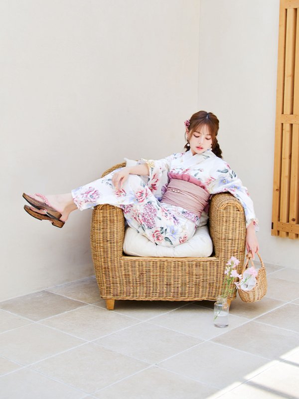 画像6: 【即日発送】【浴衣】白地×ボタニカル牡丹浴衣【浴衣３点セット 浴衣/帯/下駄】[YMT] (6)