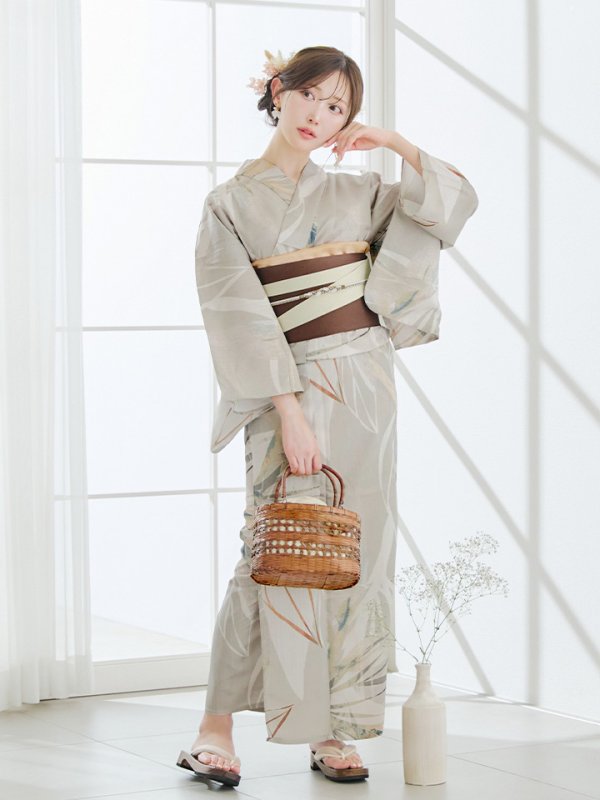 画像11: 【即日発送】ヘルシーリーフ柄ベージュ浴衣【浴衣３点セット 浴衣/帯/下駄】[YMT] (11)