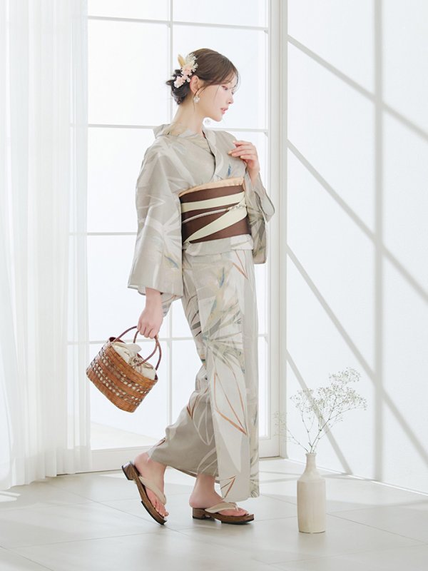 画像13: 【即日発送】ヘルシーリーフ柄ベージュ浴衣【浴衣３点セット 浴衣/帯/下駄】[YMT] (13)