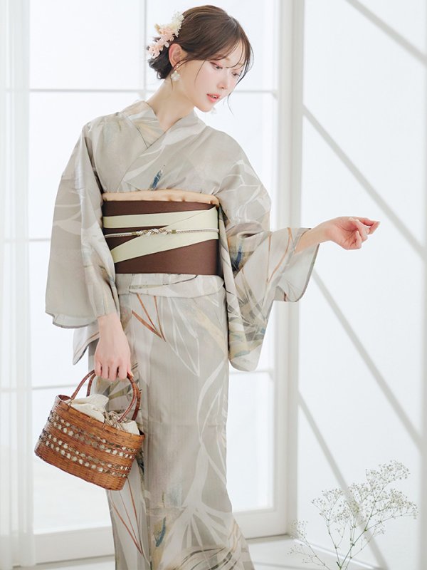 画像2: 【即日発送】ヘルシーリーフ柄ベージュ浴衣【浴衣３点セット 浴衣/帯/下駄】[YMT] (2)
