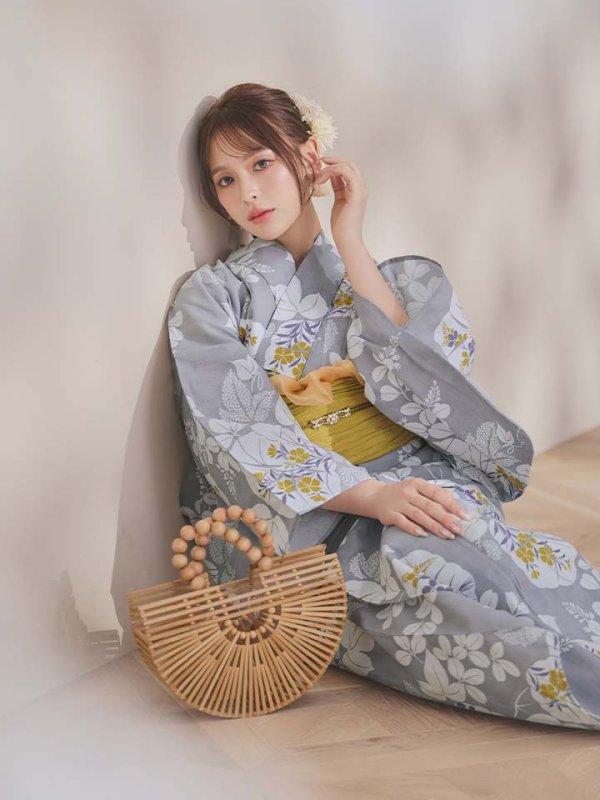 画像13: 【即日発送】グレー×フラワー浴衣【浴衣３点セット 浴衣/帯/下駄】[OF04] (13)