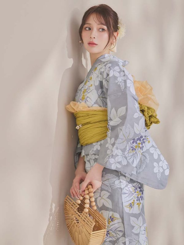 画像3: 【即日発送】グレー×フラワー浴衣【浴衣３点セット 浴衣/帯/下駄】[OF04] (3)