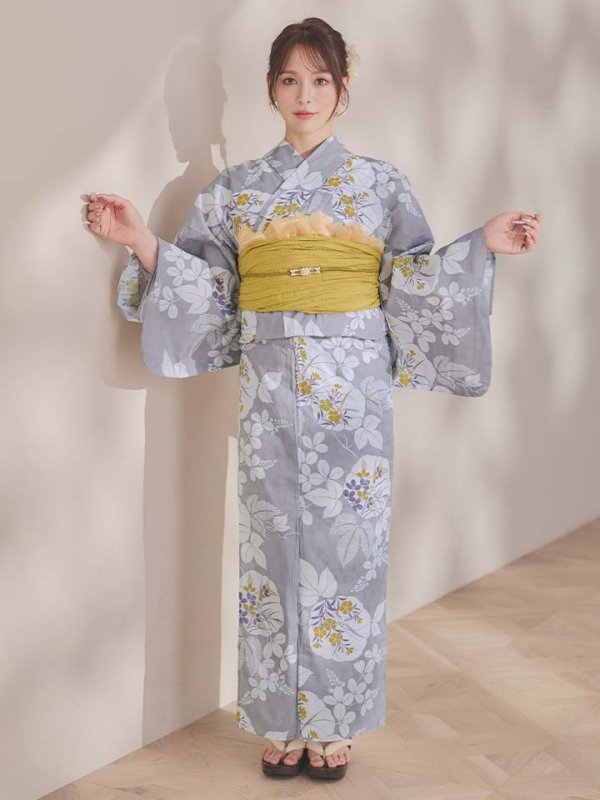 画像7: 【即日発送】グレー×フラワー浴衣【浴衣３点セット 浴衣/帯/下駄】[OF04] (7)