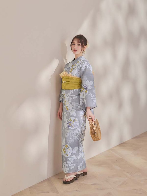 画像8: 【即日発送】グレー×フラワー浴衣【浴衣３点セット 浴衣/帯/下駄】[OF04] (8)