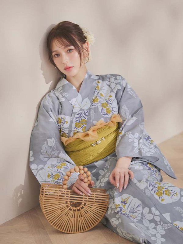 画像9: 【即日発送】グレー×フラワー浴衣【浴衣３点セット 浴衣/帯/下駄】[OF04] (9)