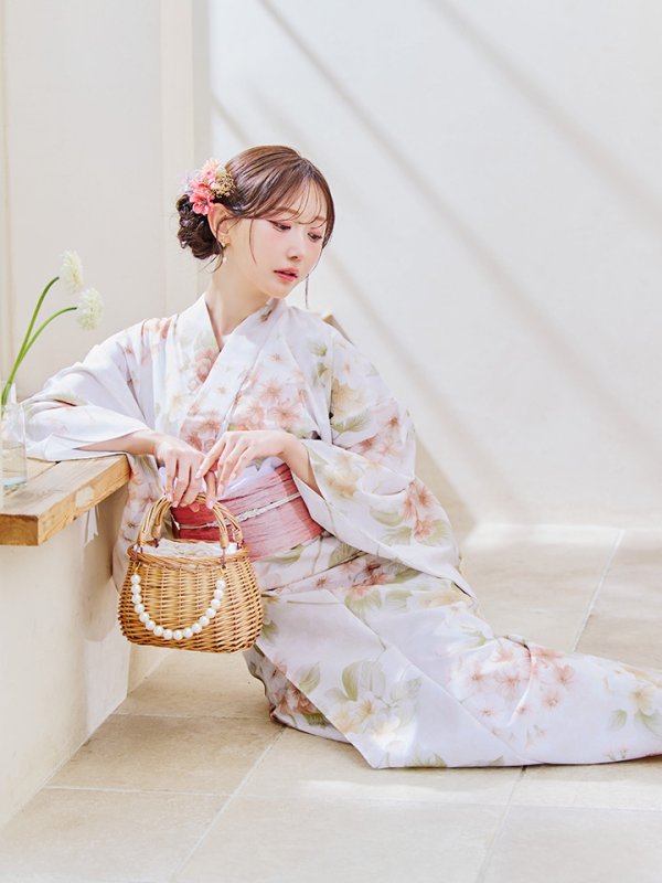 画像12: 【即日発送！】クリームイエロー×オレンジ紫陽花浴衣【浴衣３点セット 浴衣/帯/下駄】[YMT] (12)