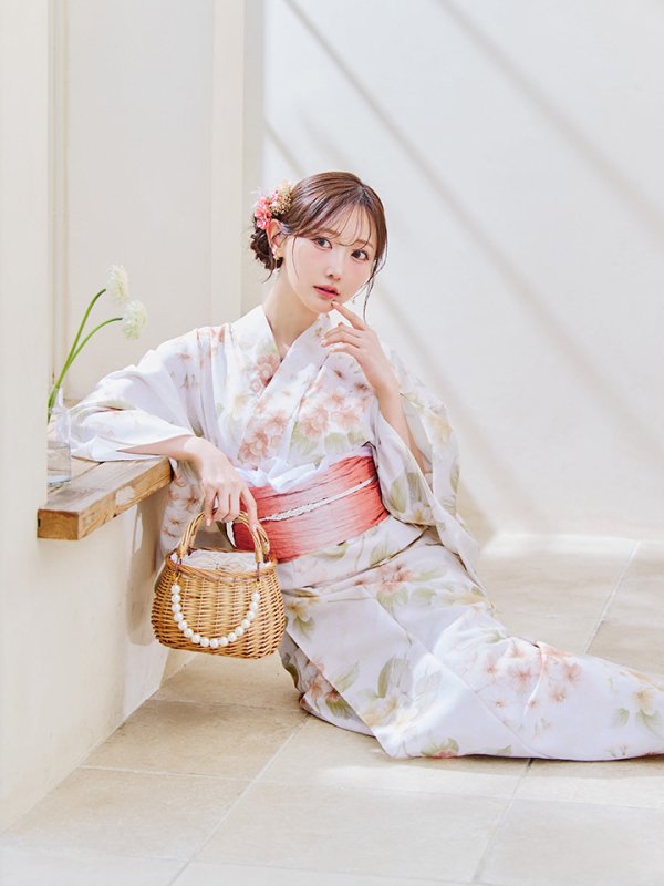 画像2: 【即日発送！】クリームイエロー×オレンジ紫陽花浴衣【浴衣３点セット 浴衣/帯/下駄】[YMT] (2)