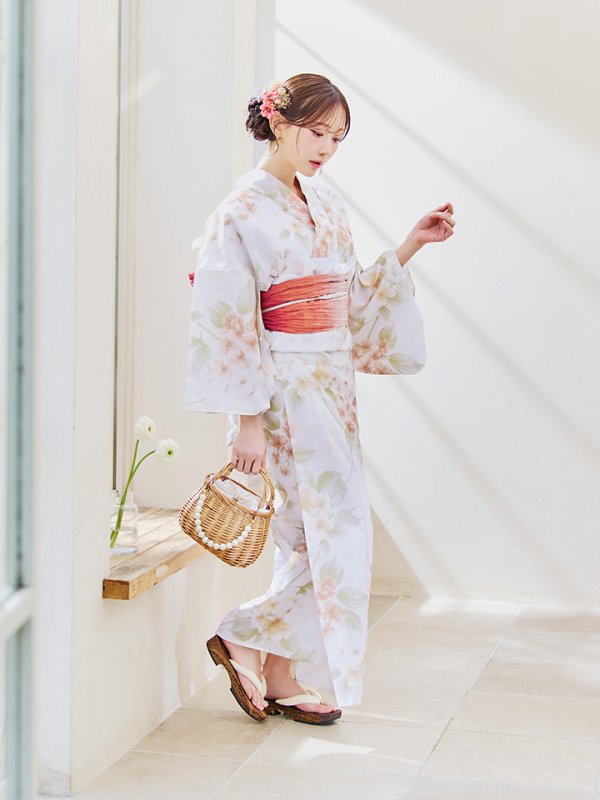 画像6: 【即日発送！】クリームイエロー×オレンジ紫陽花浴衣【浴衣３点セット 浴衣/帯/下駄】[YMT] (6)