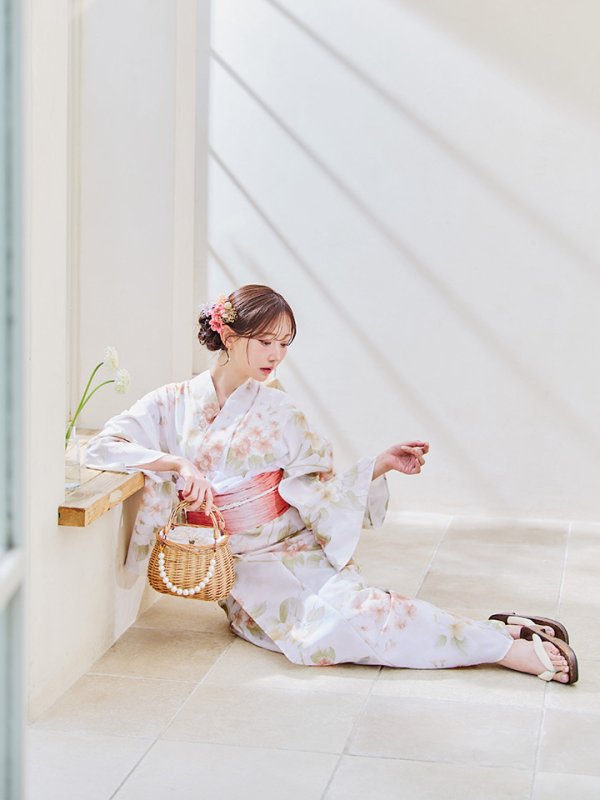 画像7: 【即日発送！】クリームイエロー×オレンジ紫陽花浴衣【浴衣３点セット 浴衣/帯/下駄】[YMT] (7)