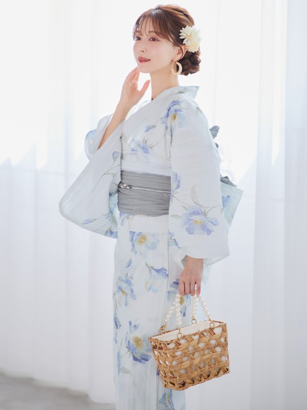 画像10: 【浴衣セール！】【即日発送】 ホワイト×アイシーフラワー浴衣【浴衣３点セット 浴衣/帯/下駄】[/YMT] (10)