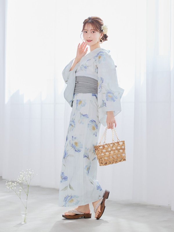 画像11: 【浴衣セール！】【即日発送】 ホワイト×アイシーフラワー浴衣【浴衣３点セット 浴衣/帯/下駄】[/YMT] (11)