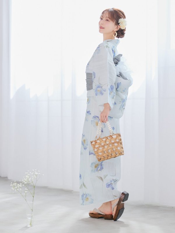 画像13: 【浴衣セール！】【即日発送】 ホワイト×アイシーフラワー浴衣【浴衣３点セット 浴衣/帯/下駄】[/YMT] (13)