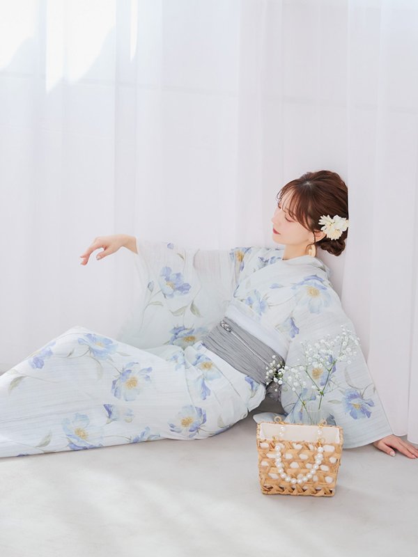 画像7: 【浴衣セール！】【即日発送】 ホワイト×アイシーフラワー浴衣【浴衣３点セット 浴衣/帯/下駄】[/YMT] (7)