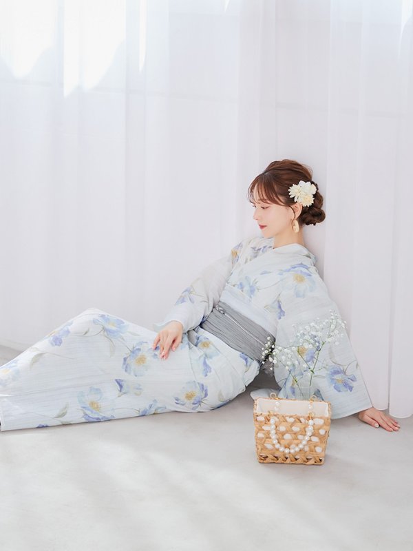 画像8: 【浴衣セール！】【即日発送】 ホワイト×アイシーフラワー浴衣【浴衣３点セット 浴衣/帯/下駄】[/YMT] (8)