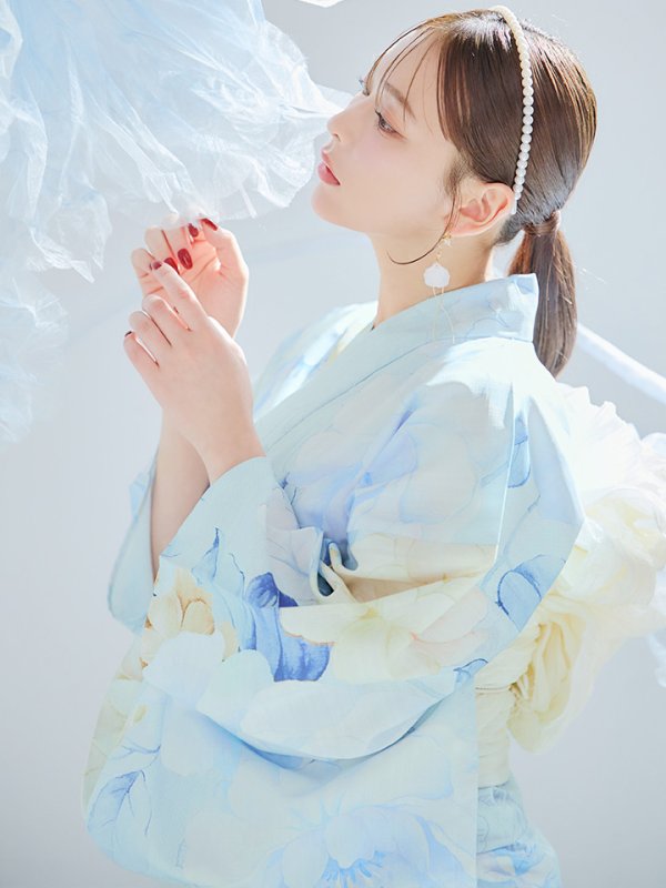 画像2: 【即日発送】ベビーブルー牡丹＆紫陽花浴衣【浴衣３点セット 浴衣/帯/下駄】[YMT] (2)