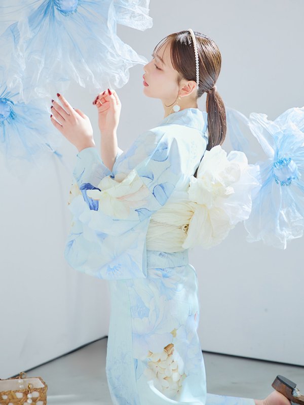 画像9: 【即日発送】ベビーブルー牡丹＆紫陽花浴衣【浴衣３点セット 浴衣/帯/下駄】[YMT] (9)