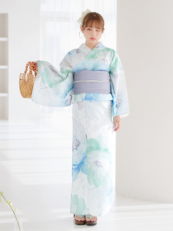 画像14: 【即日発送】【浴衣セール！】大柄アイシーミントフラワー浴衣【浴衣３点セット 浴衣/帯/下駄】[YMT] (14)