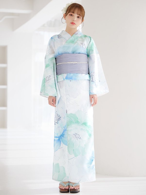 画像4: 【即日発送】【浴衣セール！】大柄アイシーミントフラワー浴衣【浴衣３点セット 浴衣/帯/下駄】[YMT] (4)