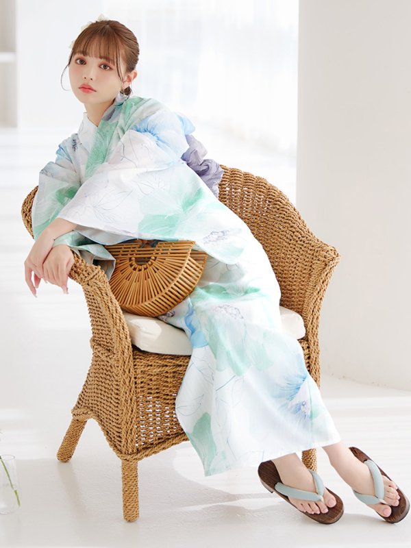 画像34: 【即日発送】【浴衣セール！】大柄アイシーミントフラワー浴衣【浴衣３点セット 浴衣/帯/下駄】[YMT] (34)
